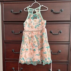 Rare Editions Floral Embroidered Dress - Pink and Green